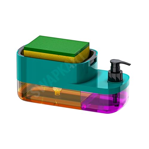 SWAPKART ABS 3 in 1 Soap Pump Dispenser Dish Soap Liquid Dispenser Sponge Holder Dish Soap Pump Dispenser for Kitchen Sink Countertop Bathroom Outdoor Garden(Peacock Colour), Multicolor