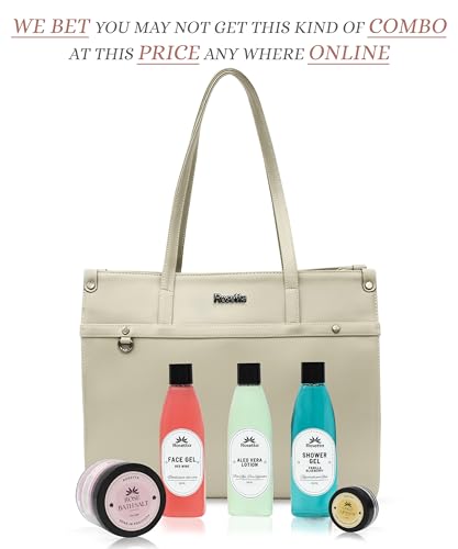 Rosetta 6-in-1 Beauty Gift Set for Women | Beige Handbag with Face Gel, Aloe Vera Lotion, Shower Gel, Bath Salt & Lip Balm | Premium Spa Kit Combo.