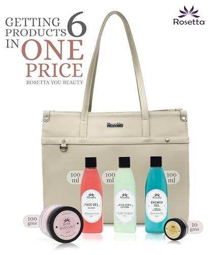 Rosetta 6-in-1 Beauty Gift Set for Women | Beige Handbag with Face Gel, Aloe Vera Lotion, Shower Gel, Bath Salt & Lip Balm | Premium Spa Kit Combo.