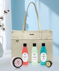 Rosetta 6-in-1 Beauty Gift Set for Women | Beige Handbag with Face Gel, Aloe Vera Lotion, Shower Gel, Bath Salt & Lip Balm | Premium Spa Kit Combo.