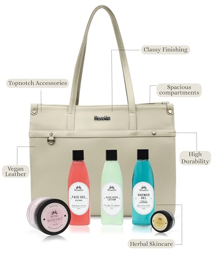Rosetta 6-in-1 Beauty Gift Set for Women | Beige Handbag with Face Gel, Aloe Vera Lotion, Shower Gel, Bath Salt & Lip Balm | Premium Spa Kit Combo.