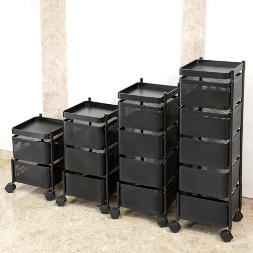 Kitchenwell Metal Multi-Purpose Trolley Storage Organizer and Kitchen Accessories Items for Kitchen Storage Rack Square Design Fruits & Vegetable Onion Cutlery (Matt Black, 3 Layer Drawer)