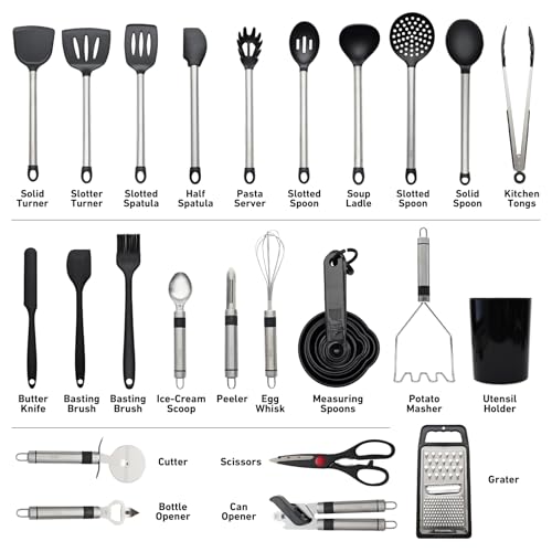 Y Top's Kitchen Utensil Set – 33-Piece Non-Stick Cooking Tools with Holder, Stainless Steel Spatula Set – Essential Cookware Accessories for Pots and Pans