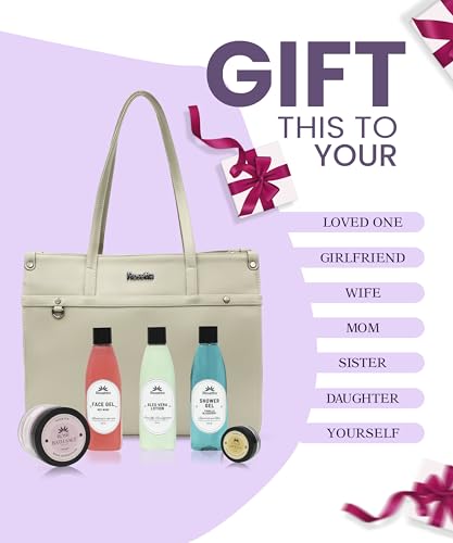 Rosetta 6-in-1 Beauty Gift Set for Women | Beige Handbag with Face Gel, Aloe Vera Lotion, Shower Gel, Bath Salt & Lip Balm | Premium Spa Kit Combo.