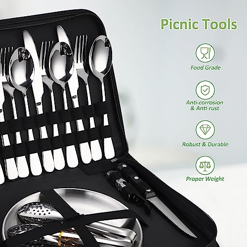 Camping Silverware Kit Cutlery Organizer Utensil Picnic Set - 24 Piece Mess Kit for 4 - Stainless Steel Plate Spoon Clip and Steak Knife Wine Opener Fork Napkin Hiking - Camp Kitchen BBQ’s