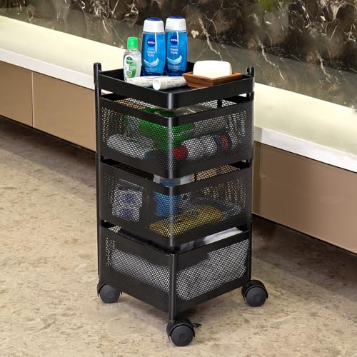 Kitchenwell Metal Multi-Purpose Trolley Storage Organizer and Kitchen Accessories Items for Kitchen Storage Rack Square Design Fruits & Vegetable Onion Cutlery (Matt Black, 3 Layer Drawer)