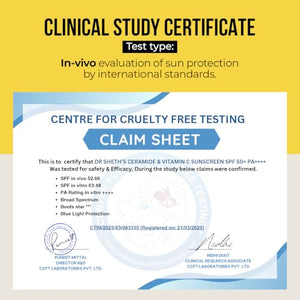 Dr. Sheth's Ceramide & Vitamin C Sunscreen SPF 50+ PA++++ |In-Vivo Tested | For Healthy & Bright Skin | Lightweight & Non Greasy | For UVA/UVB & Blue Light & IR Protection | No white cast | For All Skin Types | For Men & Women | 50 g