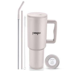 PEXPO Stanzy ISI Certified Double Wall Insulated Stainless Steel Tumbler with Handle 1200ml | Leakproof Travel Mug with Straw & Cleaning Brush | Hot & Cold Beverage Flask | Easy Carry - Oatmeal