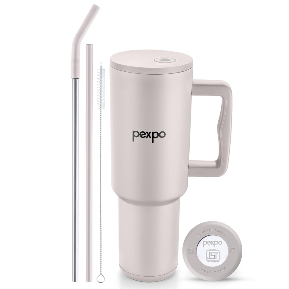 PEXPO Stanzy ISI Certified Double Wall Insulated Stainless Steel Tumbler with Handle 1200ml | Leakproof Travel Mug with Straw & Cleaning Brush | Hot & Cold Beverage Flask | Easy Carry - Oatmeal