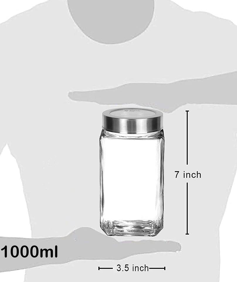 MENIFLIX glass containers for kitchen. Square Shape Transparent Glass Jars & Containers For kitchen storage Pantry, Snacks, Masala, Pickles, Storage With Steel See Through Lid(1000Ml)