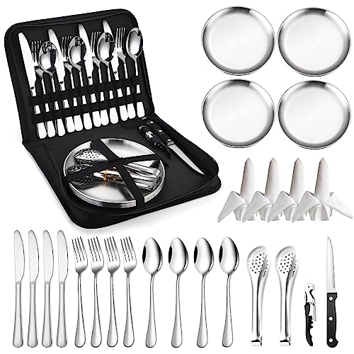 Camping Silverware Kit Cutlery Organizer Utensil Picnic Set - 24 Piece Mess Kit for 4 - Stainless Steel Plate Spoon Clip and Steak Knife Wine Opener Fork Napkin Hiking - Camp Kitchen BBQ’s