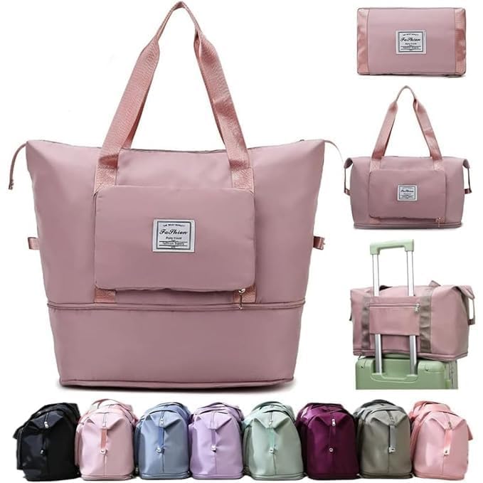 Wazdorf Nylon 41 Liter Expandable Travel Bags for Women, Duffle Bags for Women Luggage, Foldable Vanity Traveling Bag, Waterproof Hand Bag for Ladies Personal Items,Pink