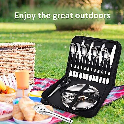 Camping Silverware Kit Cutlery Organizer Utensil Picnic Set - 24 Piece Mess Kit for 4 - Stainless Steel Plate Spoon Clip and Steak Knife Wine Opener Fork Napkin Hiking - Camp Kitchen BBQ’s