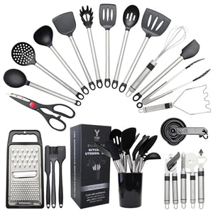 Y Top's Kitchen Utensil Set – 33-Piece Non-Stick Cooking Tools with Holder, Stainless Steel Spatula Set – Essential Cookware Accessories for Pots and Pans