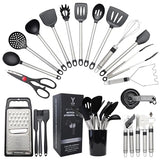Y Top's Kitchen Utensil Set – 33-Piece Non-Stick Cooking Tools with Holder, Stainless Steel Spatula Set – Essential Cookware Accessories for Pots and Pans