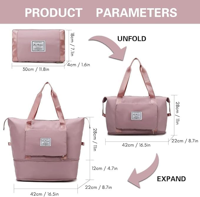 Wazdorf Nylon 41 Liter Expandable Travel Bags for Women, Duffle Bags for Women Luggage, Foldable Vanity Traveling Bag, Waterproof Hand Bag for Ladies Personal Items,Pink