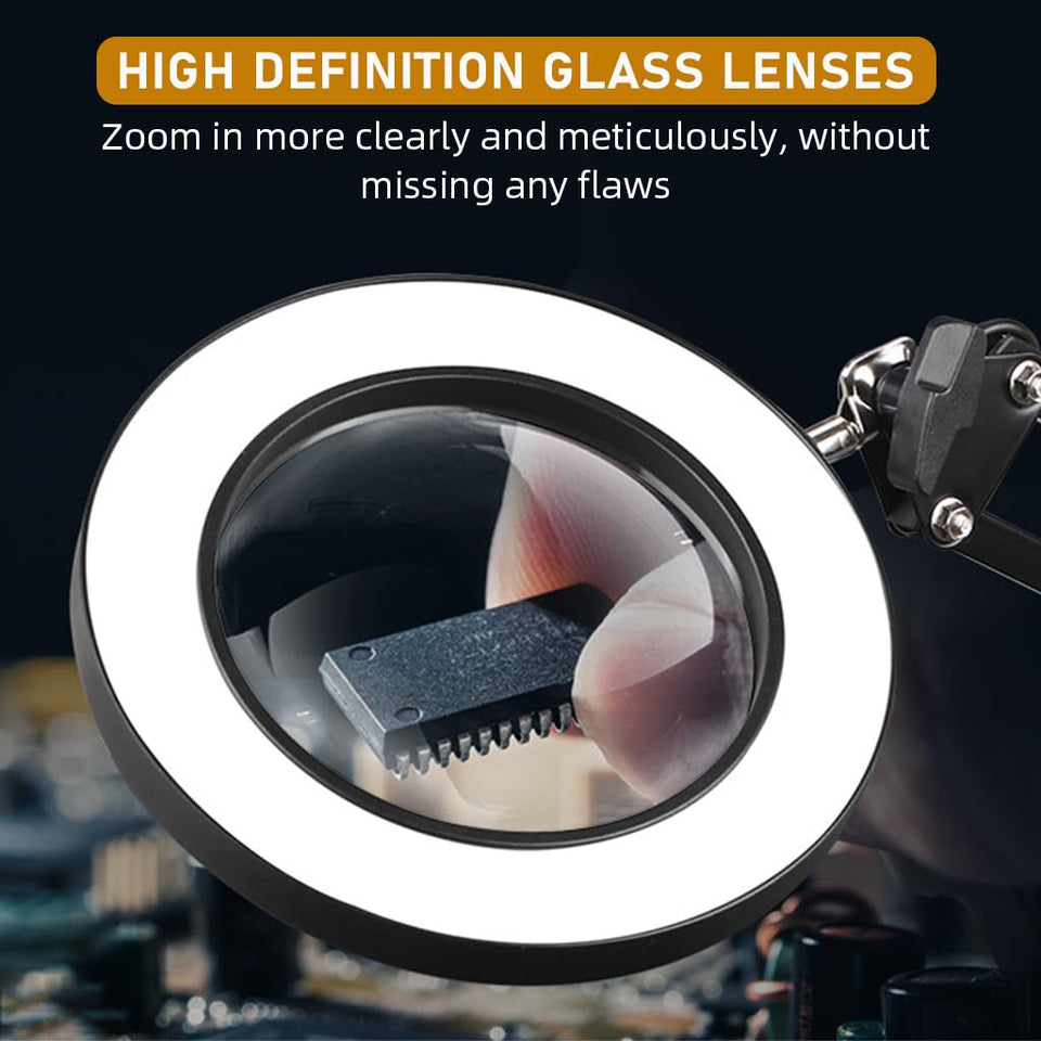 Desk LED Magnifier 10X Magnifier with Flexible Arm, USB 3-Color LED Magnifier with Controller Desk Mounted LED Lamp USB Desk LED Magnifier for Repairing, DIY Crafting, Reading