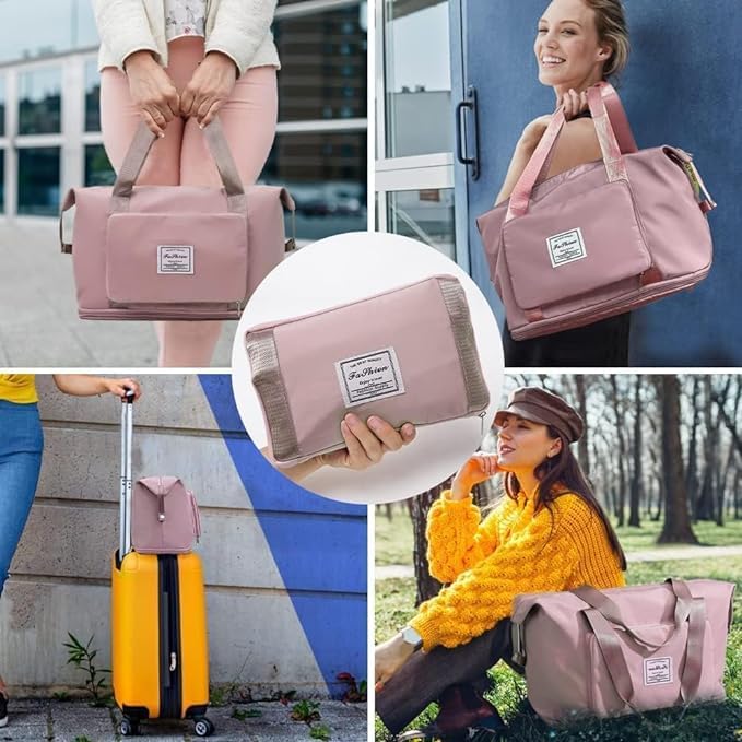 Wazdorf Nylon 41 Liter Expandable Travel Bags for Women, Duffle Bags for Women Luggage, Foldable Vanity Traveling Bag, Waterproof Hand Bag for Ladies Personal Items,Pink