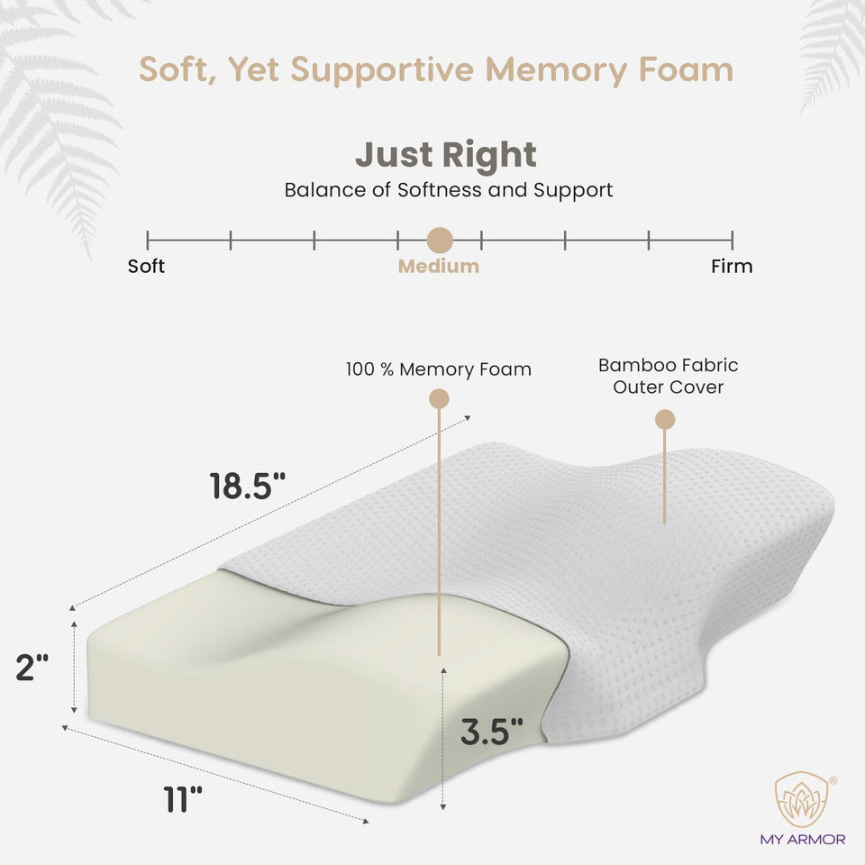 MY ARMOR Cervical Pillow for Neck Pain | 2 Years Warranty | for Spondylitis Neck & Shoulder Pain, Orthopedic Memory Foam Pillow for Sleeping, Regular Size - 18.5x11x3.5 Inch, White Bamboo - Pack of 1
