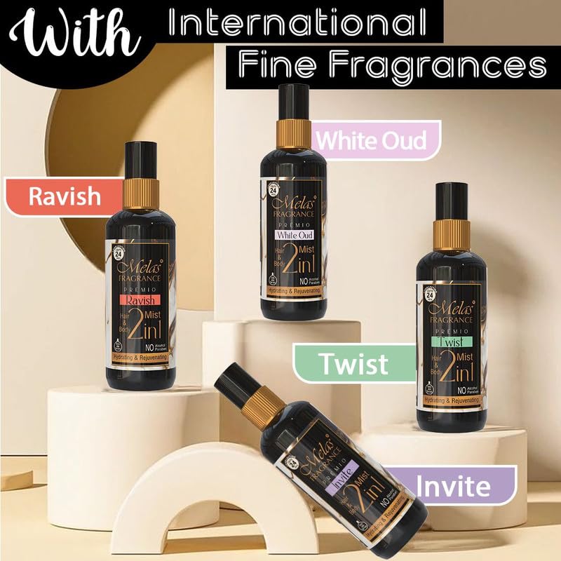 Melas Hair & Body Perfume Mist for Women - Set of 4 (Ravish, White Oud, Twist, Invite) | Long-Lasting Fragrance Spray | Travel-Friendly | Sweet & Warm Scent | Hydrating & Refreshing | Gift Set for Women - Valentine’s Day, Birthday, Anniversary, Special Oc
