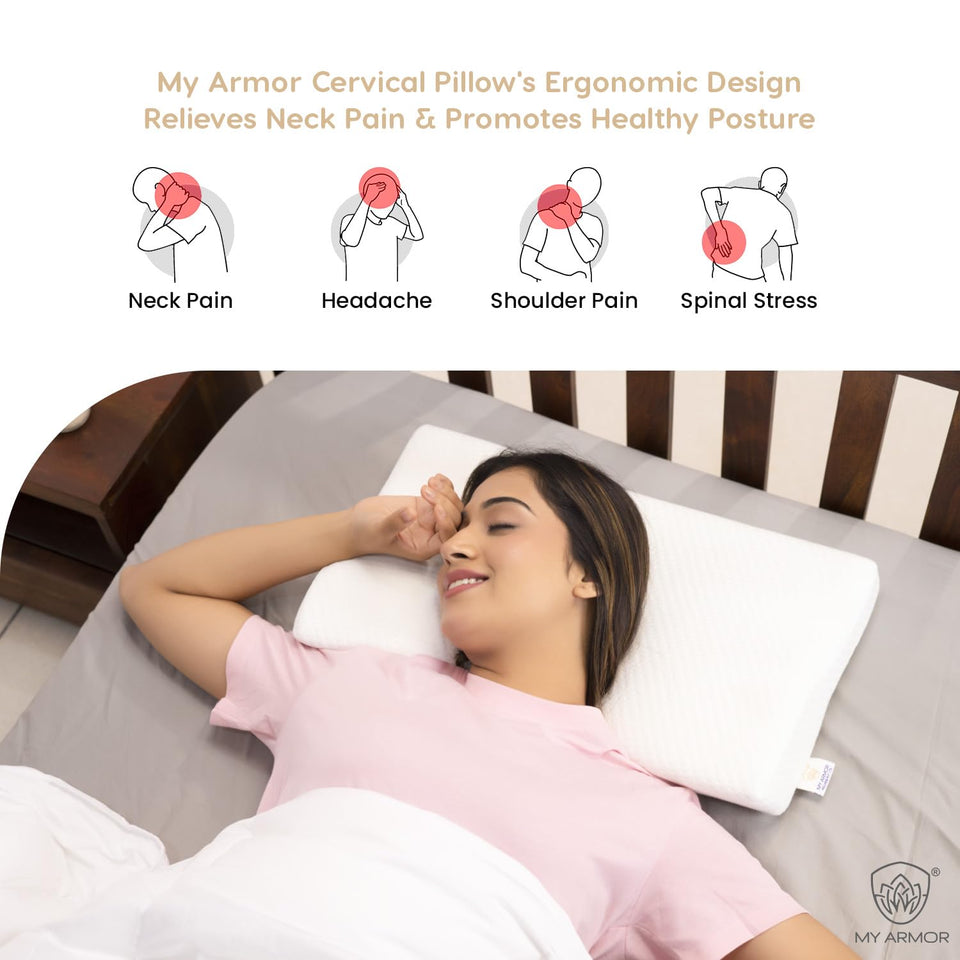 MY ARMOR Cervical Pillow for Neck Pain | 2 Years Warranty | for Spondylitis Neck & Shoulder Pain, Orthopedic Memory Foam Pillow for Sleeping, Regular Size - 18.5x11x3.5 Inch, White Bamboo - Pack of 1
