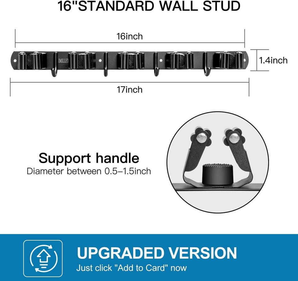JIALTO Broom Holder and Mop Organizer | Mop Holder For Wall Without Drilling with 5 Slots and 4 Hooks for Kitchen, Garage, Garden, and Utility | Space Saving Cleaning Tool Organizer (Black)