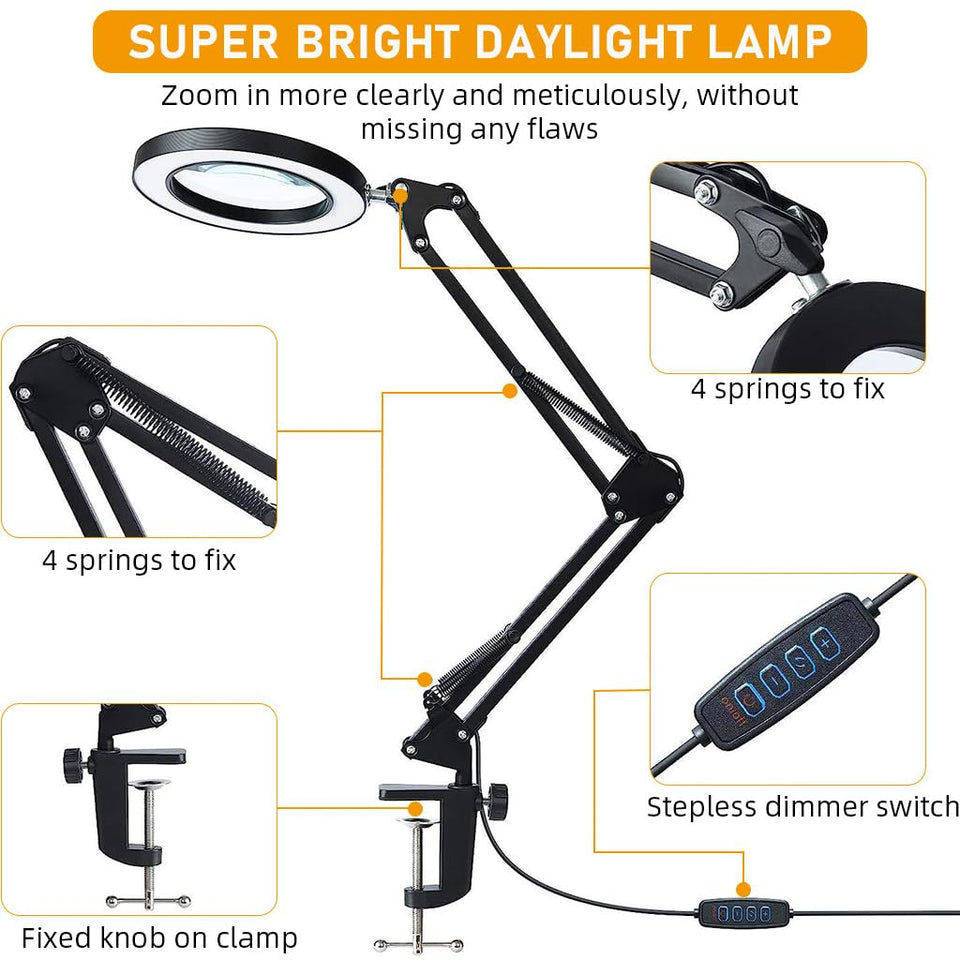 Desk LED Magnifier 10X Magnifier with Flexible Arm, USB 3-Color LED Magnifier with Controller Desk Mounted LED Lamp USB Desk LED Magnifier for Repairing, DIY Crafting, Reading