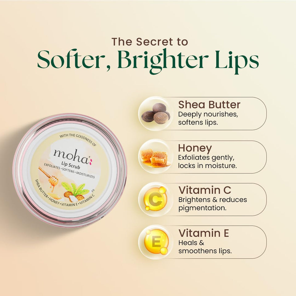 Moha Lip Scrub for Pigmented Lips | Darkness Remover with Shea Butter, Honey, Vitamin C & E | Gently Exfoliates Dry & Chapped Lips, Reduces Fine Lines, Brightens Complexion & Restores Natural Color – 12 g