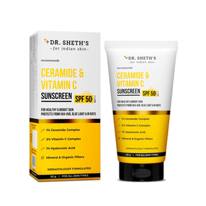 Dr. Sheth's Ceramide & Vitamin C Sunscreen SPF 50+ PA++++ |In-Vivo Tested | For Healthy & Bright Skin | Lightweight & Non Greasy | For UVA/UVB & Blue Light & IR Protection | No white cast | For All Skin Types | For Men & Women | 50 g