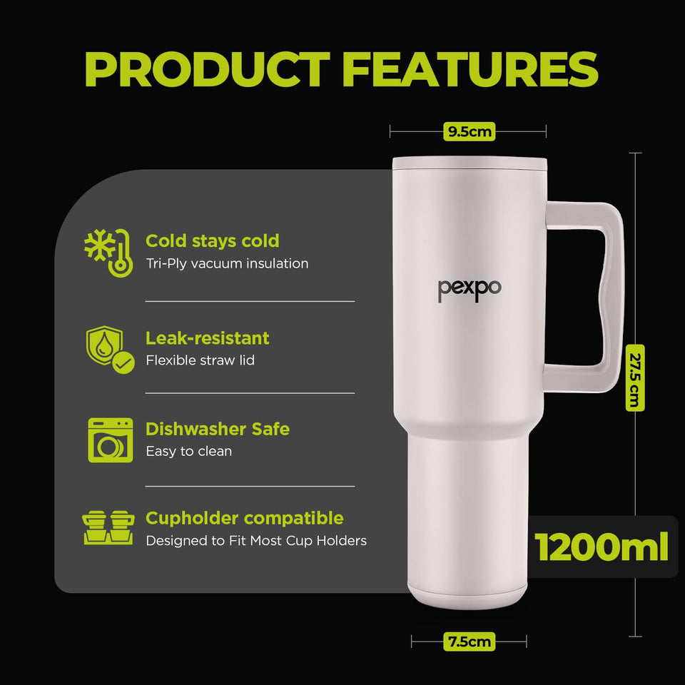 PEXPO Stanzy ISI Certified Double Wall Insulated Stainless Steel Tumbler with Handle 1200ml | Leakproof Travel Mug with Straw & Cleaning Brush | Hot & Cold Beverage Flask | Easy Carry - Oatmeal