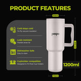 PEXPO Stanzy ISI Certified Double Wall Insulated Stainless Steel Tumbler with Handle 1200ml | Leakproof Travel Mug with Straw & Cleaning Brush | Hot & Cold Beverage Flask | Easy Carry - Oatmeal