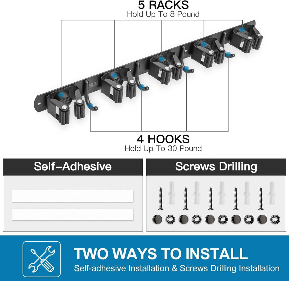 JIALTO Broom Holder and Mop Organizer | Mop Holder For Wall Without Drilling with 5 Slots and 4 Hooks for Kitchen, Garage, Garden, and Utility | Space Saving Cleaning Tool Organizer (Black)