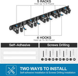 JIALTO Broom Holder and Mop Organizer | Mop Holder For Wall Without Drilling with 5 Slots and 4 Hooks for Kitchen, Garage, Garden, and Utility | Space Saving Cleaning Tool Organizer (Black)