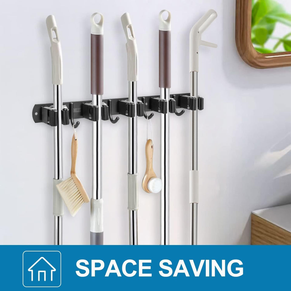 JIALTO Broom Holder and Mop Organizer | Mop Holder For Wall Without Drilling with 5 Slots and 4 Hooks for Kitchen, Garage, Garden, and Utility | Space Saving Cleaning Tool Organizer (Black)