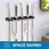 JIALTO Broom Holder and Mop Organizer | Mop Holder For Wall Without Drilling with 5 Slots and 4 Hooks for Kitchen, Garage, Garden, and Utility | Space Saving Cleaning Tool Organizer (Black)