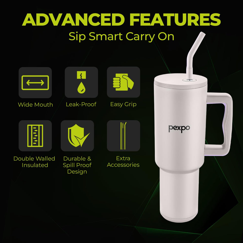 PEXPO Stanzy ISI Certified Double Wall Insulated Stainless Steel Tumbler with Handle 1200ml | Leakproof Travel Mug with Straw & Cleaning Brush | Hot & Cold Beverage Flask | Easy Carry - Oatmeal
