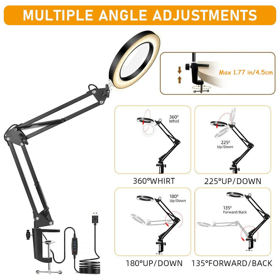 Desk LED Magnifier 10X Magnifier with Flexible Arm, USB 3-Color LED Magnifier with Controller Desk Mounted LED Lamp USB Desk LED Magnifier for Repairing, DIY Crafting, Reading