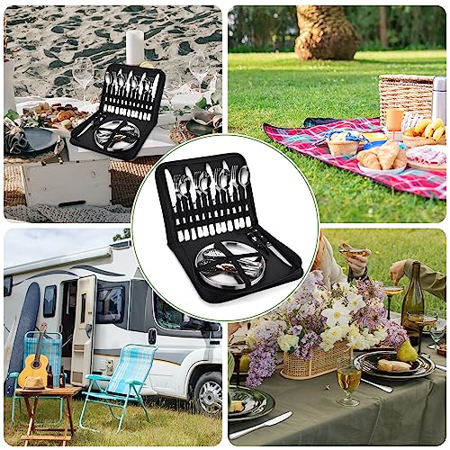 Camping Silverware Kit Cutlery Organizer Utensil Picnic Set - 24 Piece Mess Kit for 4 - Stainless Steel Plate Spoon Clip and Steak Knife Wine Opener Fork Napkin Hiking - Camp Kitchen BBQ’s