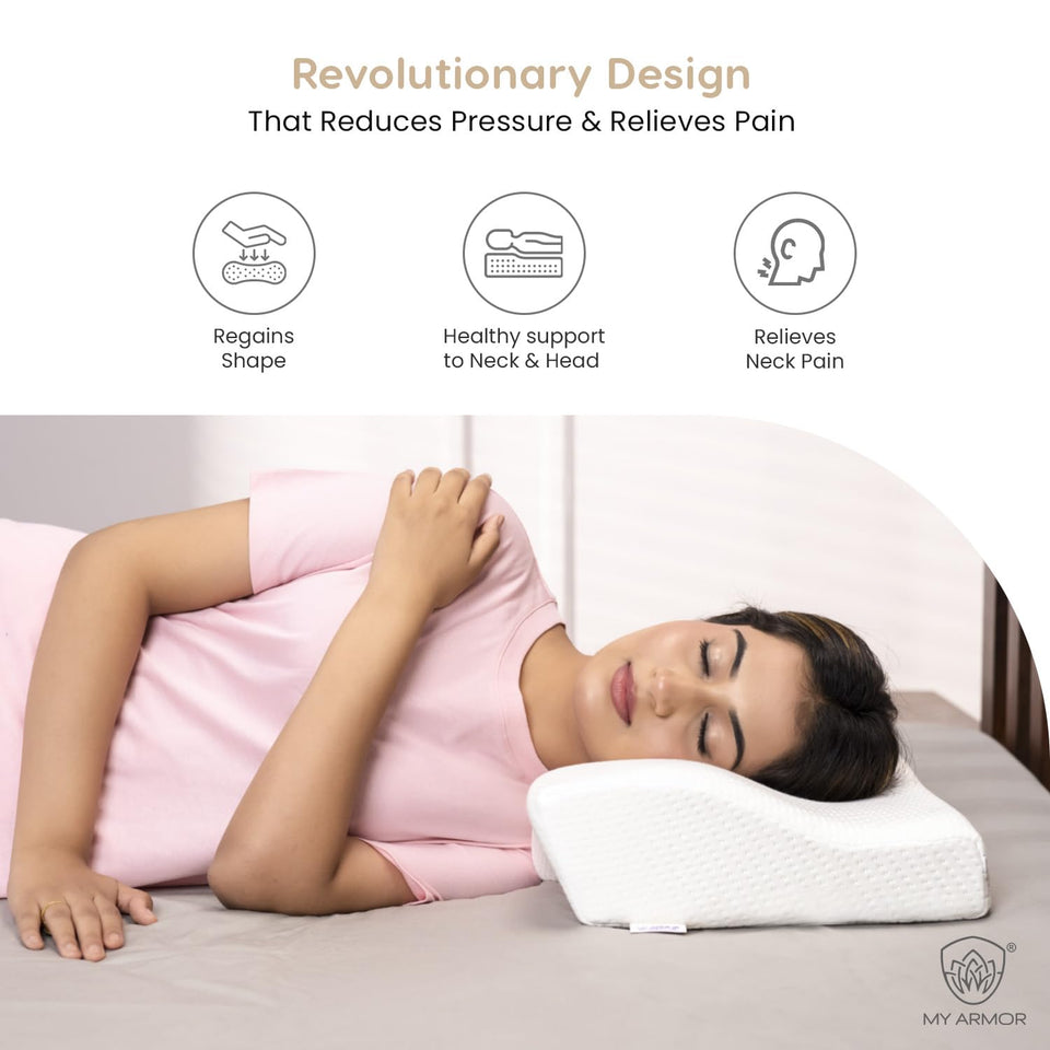 MY ARMOR Cervical Pillow for Neck Pain | 2 Years Warranty | for Spondylitis Neck & Shoulder Pain, Orthopedic Memory Foam Pillow for Sleeping, Regular Size - 18.5x11x3.5 Inch, White Bamboo - Pack of 1