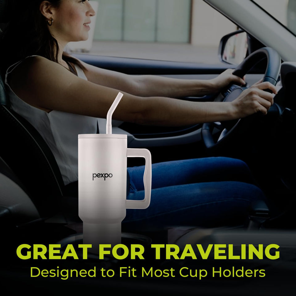 PEXPO Stanzy ISI Certified Double Wall Insulated Stainless Steel Tumbler with Handle 1200ml | Leakproof Travel Mug with Straw & Cleaning Brush | Hot & Cold Beverage Flask | Easy Carry - Oatmeal