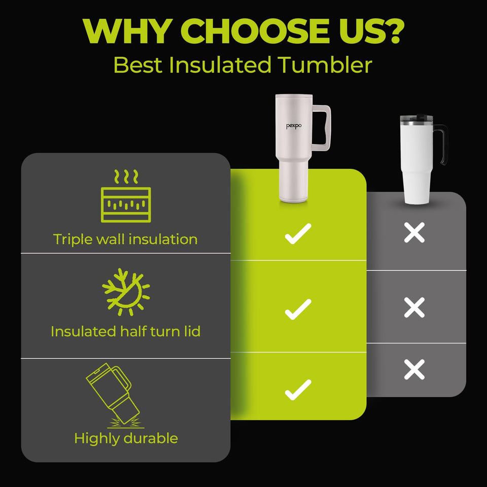 PEXPO Stanzy ISI Certified Double Wall Insulated Stainless Steel Tumbler with Handle 1200ml | Leakproof Travel Mug with Straw & Cleaning Brush | Hot & Cold Beverage Flask | Easy Carry - Oatmeal