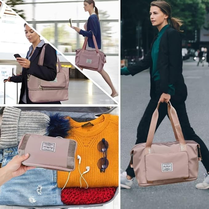 Wazdorf Nylon 41 Liter Expandable Travel Bags for Women, Duffle Bags for Women Luggage, Foldable Vanity Traveling Bag, Waterproof Hand Bag for Ladies Personal Items,Pink