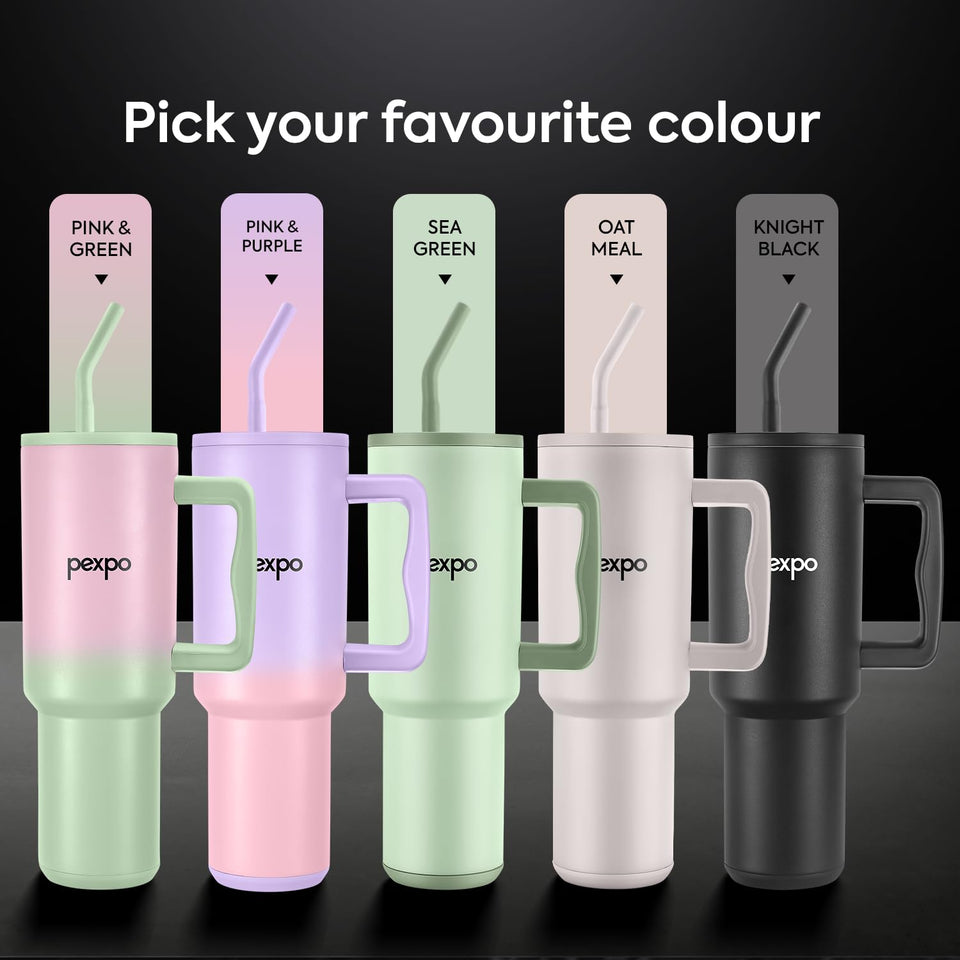 PEXPO Stanzy ISI Certified Double Wall Insulated Stainless Steel Tumbler with Handle 1200ml | Leakproof Travel Mug with Straw & Cleaning Brush | Hot & Cold Beverage Flask | Easy Carry - Oatmeal