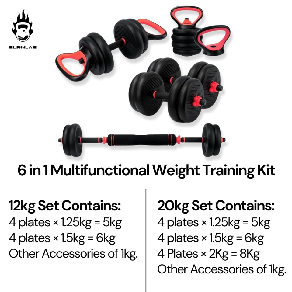 Burnlab 6 in 1 multifunctional weight training kit - Dumbbells, Kettlebells, Barbells & Push up brackets in 1 | Adjustable Weights | Perfect for Full Body Workout for Men & Women (20, Kilograms)