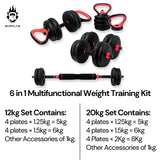 Burnlab 6 in 1 multifunctional weight training kit - Dumbbells, Kettlebells, Barbells & Push up brackets in 1 | Adjustable Weights | Perfect for Full Body Workout for Men & Women (20, Kilograms)