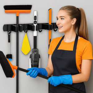 JIALTO Broom Holder and Mop Organizer | Mop Holder For Wall Without Drilling with 5 Slots and 4 Hooks for Kitchen, Garage, Garden, and Utility | Space Saving Cleaning Tool Organizer (Black)