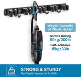 JIALTO Broom Holder and Mop Organizer | Mop Holder For Wall Without Drilling with 5 Slots and 4 Hooks for Kitchen, Garage, Garden, and Utility | Space Saving Cleaning Tool Organizer (Black)