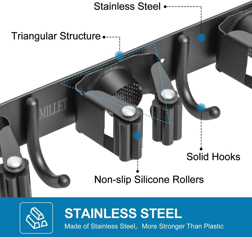 JIALTO Broom Holder and Mop Organizer | Mop Holder For Wall Without Drilling with 5 Slots and 4 Hooks for Kitchen, Garage, Garden, and Utility | Space Saving Cleaning Tool Organizer (Black)