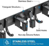 JIALTO Broom Holder and Mop Organizer | Mop Holder For Wall Without Drilling with 5 Slots and 4 Hooks for Kitchen, Garage, Garden, and Utility | Space Saving Cleaning Tool Organizer (Black)