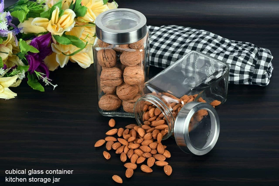 MENIFLIX glass containers for kitchen. Square Shape Transparent Glass Jars & Containers For kitchen storage Pantry, Snacks, Masala, Pickles, Storage With Steel See Through Lid(1000Ml)